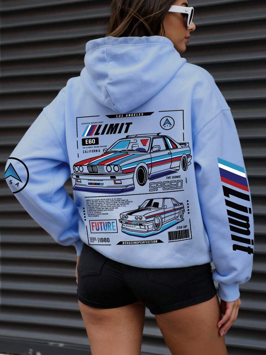 INAWLY Women's Casual Car Print Hoodie,Long Sleeve Tops Pullover Fall - Blue - View 1