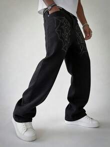 PAVTROS 男士街头风流行INS蜘蛛网和爱心刺绣黑色水洗直筒阔腿牛仔裤 - 黑色 - 查看 3