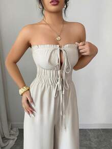 Elenzga 女士时尚纯色露背吊带连体裤 - 杏色 - 查看 3