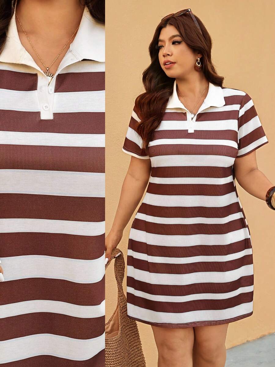 Elaquor 大码女式条纹休闲日常约会外出短袖连衣裙 - 咖啡棕 - 查看 1