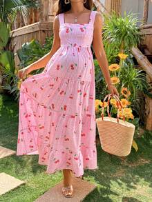 SHEIN Đầm bầu không tay họa tiết kẻ caro và quả anh đào - Nhiều màu - Xem 6