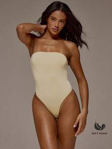 MUSERA ESSENTIALS Bandeau Fitted High Leg Soft Touch Thong Bodysuit Spring Summer Holiday Everyday Cute Daily Basics Essential - Yellow - View 1