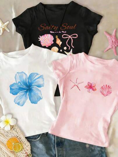 3pcs/Set Tween Girls' Floral & Shell Print Cropped Short Sleeve T-Shirts, Casual & Comfortable, Design Suitable For Outdoor, Sports, Photography, Home, School, Festivals, Gifts