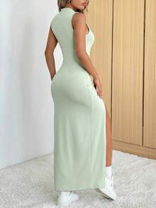 SHEIN EZwear 女士优雅休闲开衩浅绿色连衣裙，轻盈透气，夏季穿着 - 綠色 - 查看 2