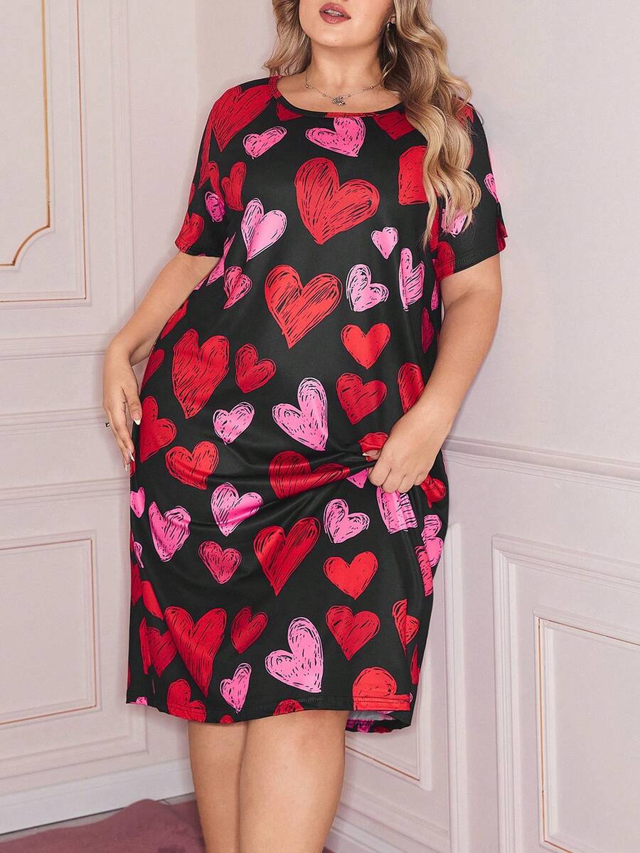 Slumberry CURVE Contrast Color Ombre Heart Print Long Nightgown, Plus Size - Multicolor - View 1