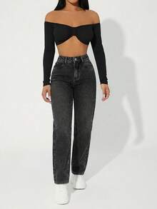 RueChic Casual Zip Fly Tapered Jeans - Black - View 3