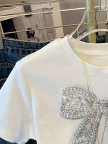 Áo thun ngắn tay cho bé gái, ôm sát, thiết kế nơ đính đá dễ thương, áo trắng đa năng dễ phối đồ, thích hợp cho các hoạt động ngoài trời, mùa xuân/hè. - trắng - Xem 6