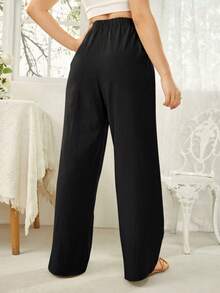 SHEIN Essnce Women's Solid Color Self Tie Waistband Pants With Pockets - Black - View 2