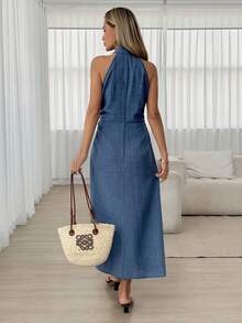 Easowa 女士单排扣长连衣裙，休闲服装 - 藏蓝色 - 查看 2