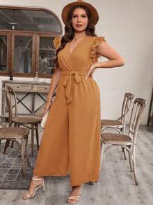 EMERY ROSE Plus Size Women Solid Color Cap Sleeve Jumpsuit - Coral Pink - View 5