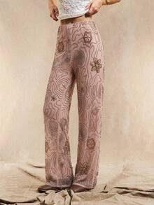 Easelle Pantalones rectos holgados de mujer con estampado bohemio con cuentas, rosa, verano - Rosa - Ver 4