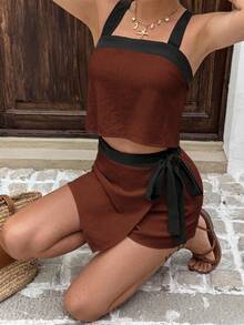 Serisse 女士撞色吊带背心和侧系带短裙两件套 - 鏽棕色 - 查看 7