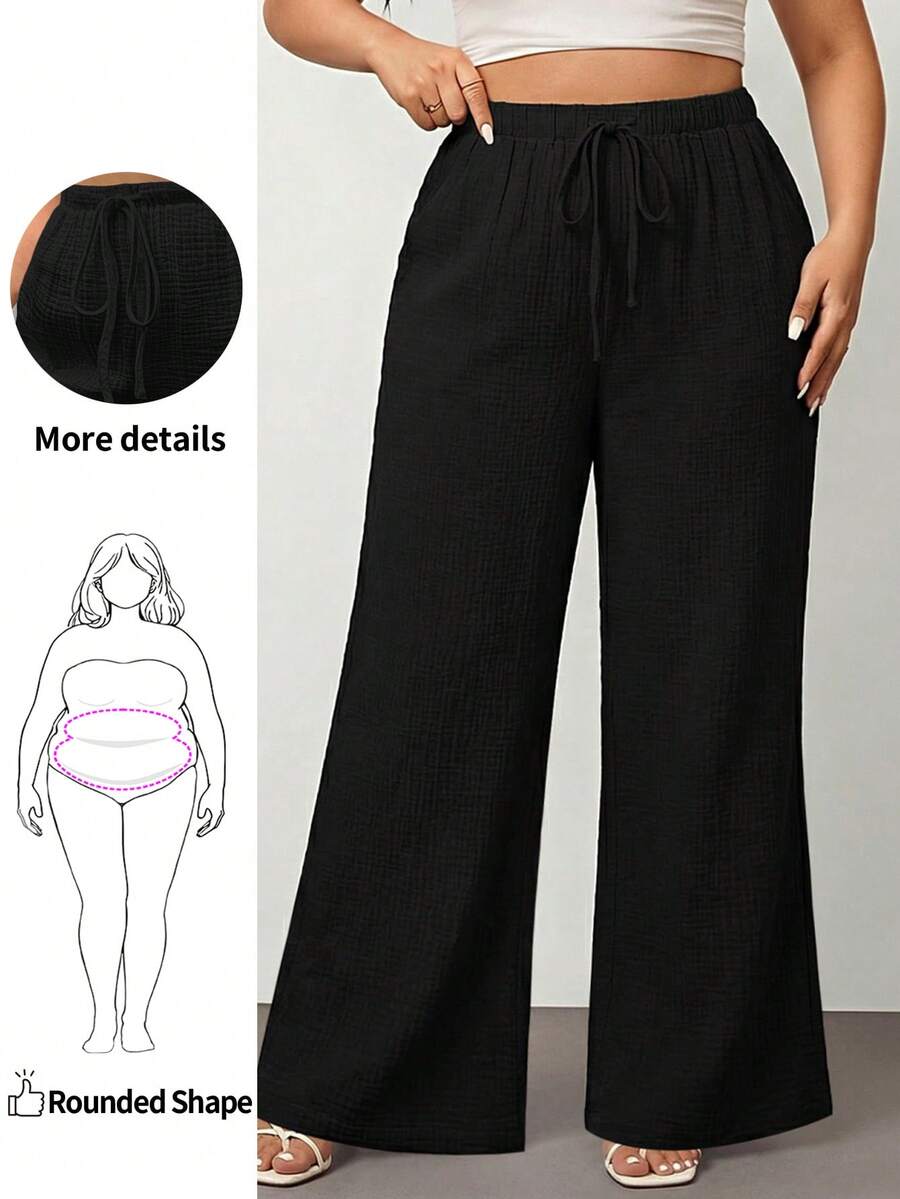SHEIN Unity Quần dài màu đen cỡ lớn, có dây rút ở eo, có túi, kiểu dáng thường ngày, thích hợp cho nữ công sở và dáng người tròn trịa. - màu đen - Xem 1