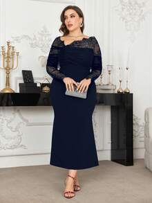 Modelyn Plus Size Women Elegant Lace Patchwork Off-Shoulder Fitted Dress, Spring/Summer Fall - Navy Blue - View 6