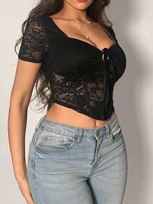 Coolane Women's Plus Size Summer Flattering Curvy Fit Elegant  Sexy Lace Slim Fit T-Shirt Plus Size Waist-Defining Top, Figure-Flattering Fit - Black - View 3