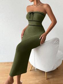 Pariaura Đầm dệt kim cúp ngực gợi cảm dành cho nữ mùa Thu/Đông, phong cách nghỉ dưỡng cao cấp. - xanh quân đội - Xem 5