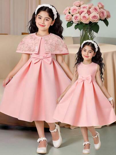 SHEIN New Women's Children's Princess Windproof Heavy-Duty High-End Embellished Two Pieces Solid Satin Dress With Bow Decoration For Elegant And Delicate Birthday Party Dresses