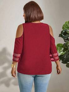 Plus Size Women Sheer Shoulder Casual Versatile Daily Wear Blouse - Red - View 2
