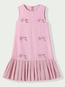 Casuvi Kids 女童优雅甜美无袖迷你连衣裙，层叠荷叶边下摆，白色蝴蝶结点缀，适合夏季和奢华派对穿着 - 淺粉色 - 查看 1