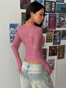 StreetHx Áo sơ mi ren đen dành cho nữ - Hồng - Xem 2