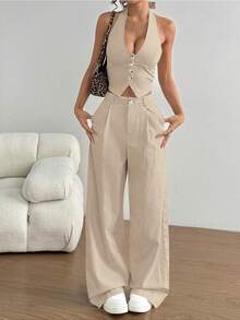 SHEIN PETITE Set de 2 piezas: Chaleco con cuello de halter y pantalones rectos de pierna casual - Champán - Ver 6