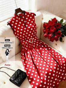 SHEIN PETITE Women's Red Polka-Dot Sleeveless Dress - Retro-Style Midi With V-Neck, Metal Square-Buckle Waist Belt, And Flared Skirt. A Chic & Slimming New Arrival For Spring/Summer, Featuring A French-Inspired Aesthetic. Perfect For Date Nights, Retro Looks, Parties, And Daily Commuting. ,Petite Women - Red - View 1