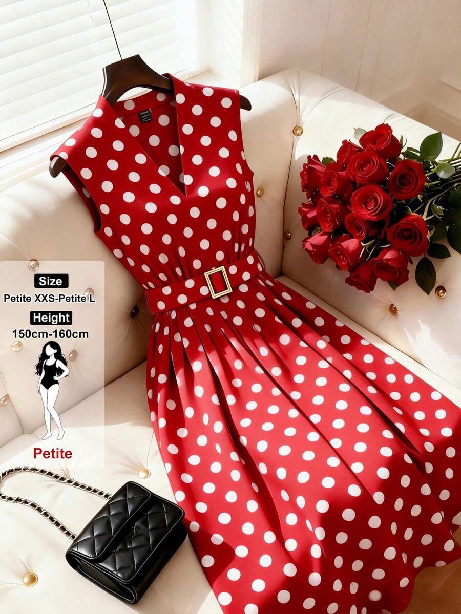 SHEIN PETITE Women's Red Polka-Dot Sleeveless Dress - Retro-Style Midi With V-Neck, Metal Square-Buckle Waist Belt, And Flared Skirt. A Chic & Slimming New Arrival For Spring/Summer, Featuring A French-Inspired Aesthetic. Perfect For Date Nights, Retro Looks, Parties, And Daily Commuting. ,Petite Women - Red - View 1