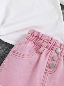 SHEIN 女婴荷叶边腰带口袋毛边牛仔裙 - 粉色 - 查看 3
