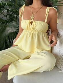 SHEIN EZwear 纯色吊带系带荷叶边下摆休闲编织女式夏季套装 - 黃色 - 查看 3