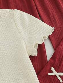 SHEIN LMoss Kids Bộ đồ dành cho thiếu nữ màu đỏ mơ gồm áo liền thân họa tiết hoa 3D dệt jacquard và quần ống rộng phối màu tương phản với nơ. - Đỏ - Xem 5