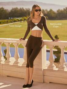 GLOWMODE Everyday Terry Tiny Twist Soft Breathable Sweat-Wicking Crop Length Built-In Coverage Thumbholes Contrasting Design Front Twist 2-Piece Set Yoga Pilates Studio Daily Active Wear - Brown - View 2