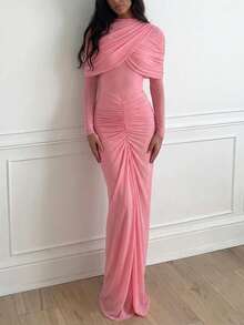 Aloruh 女士复古斗篷式立领修身连衣裙，长袖，适合茶会、下午茶、宴会、派对、生日等场合。 - 粉色 - 查看 2