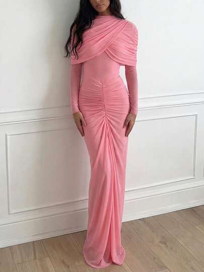 Aloruh This Pink, Shawl-Style, Fitted Maxi Dress Features A Summery Tulle Skirt And A Comfortable, Flowing Silhouette, Perfect For Everyday Wear. It's Versatile Enough To Be Worn As An Elegant Dress, Teacher's Uniform, Back-To-School Outfit, Or Simple Office Attire. It's Also Suitable For Beach Vacations, Afternoon Tea With Friends, Wedding Guests, And Bridal Showers. Furthermore, It's Appropriate For Birthday Parties, Music Festivals, Afternoon Tea Dates, Beach Vacations, Summer Vacations, And Everyday Wear. Additionally, It's Suitable For Work, Back-To-School, Afternoon Tea, Summer Music Festivals, Easter, St. Patrick's Day, Western Style, Nomadic Style, Birthday Parties, Graduation Ceremonies, Preppy Style, School Uniforms, Everyday Wear, Casual Wear, Vacations, Cruise Trips, The Beach, Sunbathing, Best-Selling Items, Streetwear, Wedding Guests, Bohemian Style, Commuting, Brunch, And Airport Fashion.