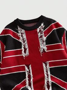 ROMWE MEN Men's Vintage Distressed Flag Print Crew Neck Knit Sweater - Black - View 3