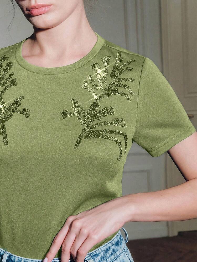 Women's Summer Fashion T-Shirt, Elegant Sequin Embroidered Indigo Blue Short Sleeve Casual Office Lady Fitted Crew Neck Knit Top