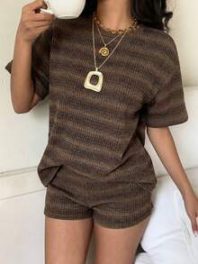 SHEIN EZwear 条纹针织休闲女装套装 - 巧克力棕 - 查看 6
