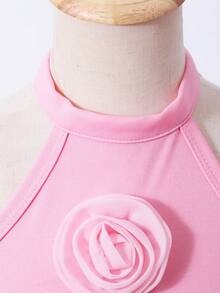 女童甜美公主风粉色吊带连衣裙，春夏无袖连衣裙，饰有3D玫瑰花，适合生日派对、聚会等场合 - 粉色 - 查看 3