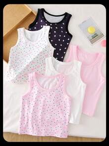 SHEIN 5 件/包女孩蝴蝶和心形印花柔软基本款吊带背心，甜美简约自然风格，多色 - 彩色 - 查看 5