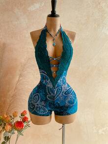 Soleia Women's Vacation Cashew Floral Print Contrast Lace Plunging Neck Romper - Dark Green - View 6