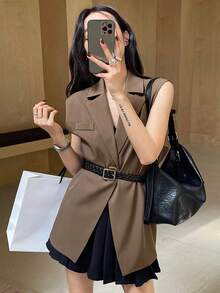 DAZY 女士前扣无袖口袋纯色休闲马甲 女士西装外套 秋冬商务装 - 棕色 - 查看 9