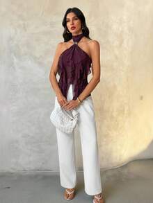 SHEIN Tall Áo tank top nữ thanh lịch nhiều lớp, cổ đứng, ôm dáng, màu tím, viền bèo nhún. - Màu tím - Xem 5