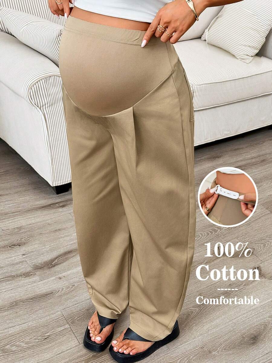 SHEIN 孕妇休闲百搭通勤哈伦裤 - 卡其色 - 查看 1