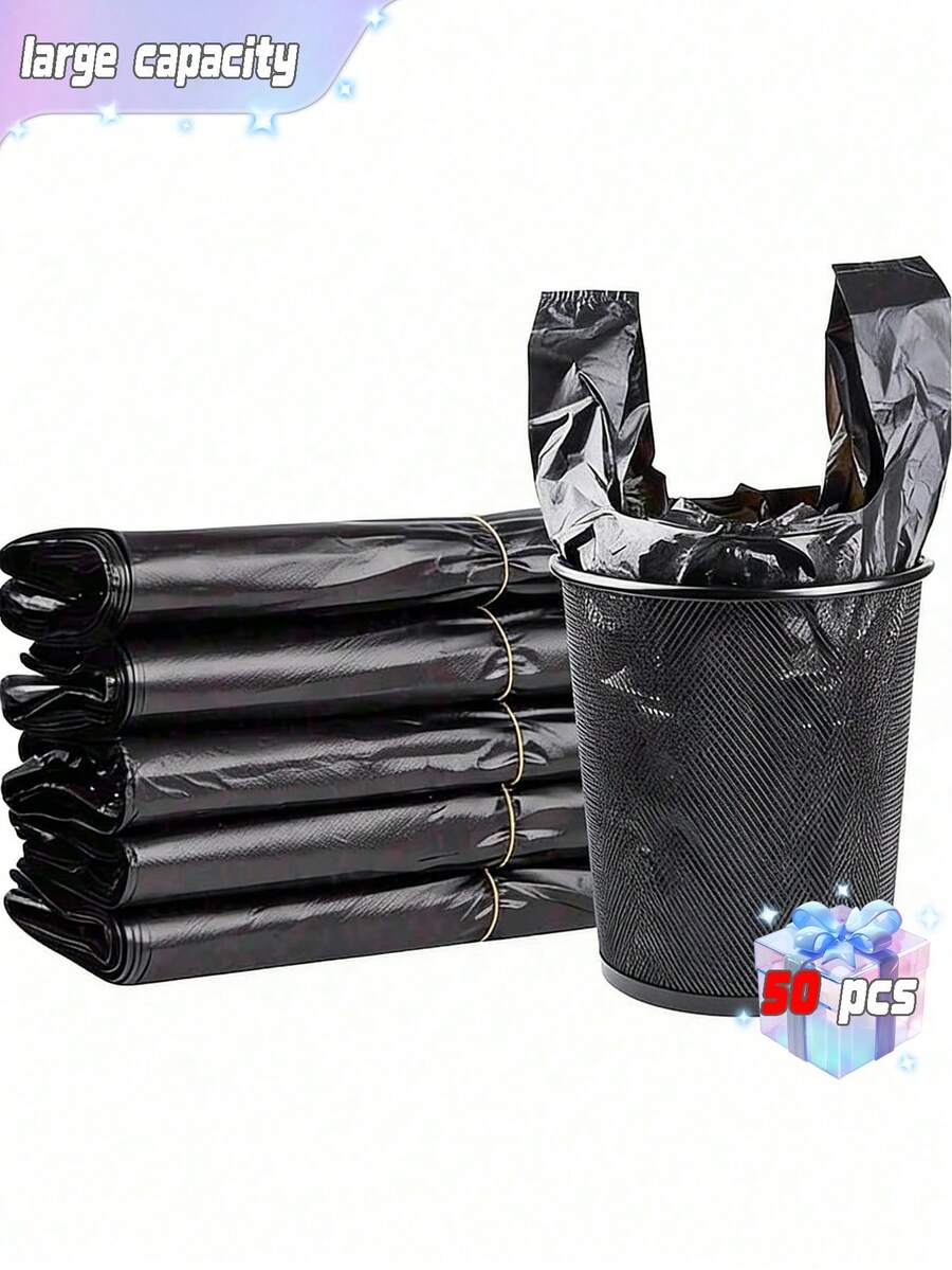 50PCS Plastic T-Shirt Bags With Handles, Polyethylene Shopping Bags, Large Black Garbage Bags, Kitchen Garbage Bags, Vegetable Bags, Grocery, Vegetable, Fruit, Snack Large Garbage Bags - Convenient, - Multicolor - View 1