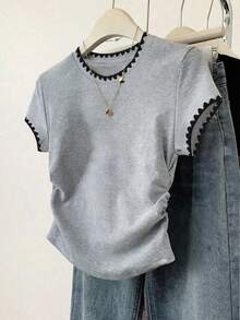 Resyla Set de 3 blusas de mujer de estilo casual para el verano, en negro/blanco/gris, con bordado de pata de gallo, ajuste ceñido, estilo deportivo, de vuelta al colegio, para el Día del Maestro, camisetas de mujer - Multicolor - Ver 5