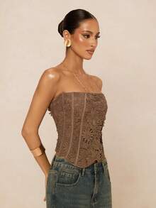 Lumalex 女士优雅纯色蕾丝吊带背心，夏季 - 灰色 - 查看 7