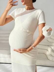 MaterniWear 孕妇夏季休闲度假日常通勤纯色短袖哺乳连衣裙 - 米色 - 查看 2