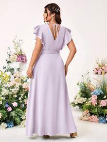 Cravure Plus Size Romantic Elegant Wedding Solid Color Cross V-Neck Tie Side Ruffle Sleeve Dress - Purple - View 2