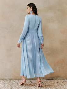 Anewsta Vestido de mujer con diseño de cuello cruzado y plisado con aplicación en la cintura, vestido de manga larga, adecuado para primavera, verano, elegante, Día de San Valentín, Carnaval, fiesta, lentejuelas, boda - Azul - Ver 7