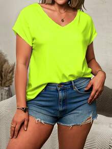 EMERY ROSE Plus Size Women's Summer Solid V-Neck Short Sleeve Casual T-Shirt - Multicolor - View 3