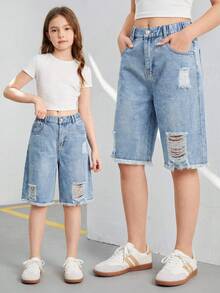 Quần short denim rách cho bé gái, hàng mới về, màu xanh nhạt phong cách đường phố Y2K cổ điển, đính đá lấp lánh, thích hợp cho những buổi đi chơi thường ngày, dạo phố và du lịch. - Rửa nhẹ - Xem 7